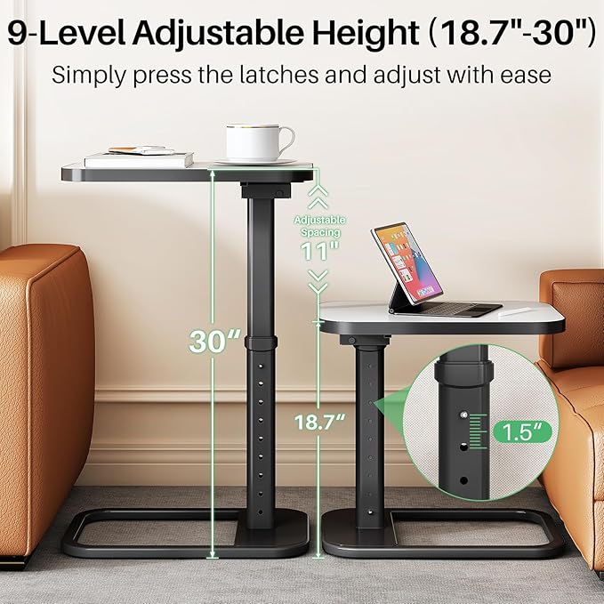 Kitstorack TV Tray Table, Adjustable Height & Rounded Metal Corners, Snack Table for Couch, Sofa, Bed, Chair, Living Room, C Shaped End Side Table for Eating, Dinner or Laptop, Small Spaces, White