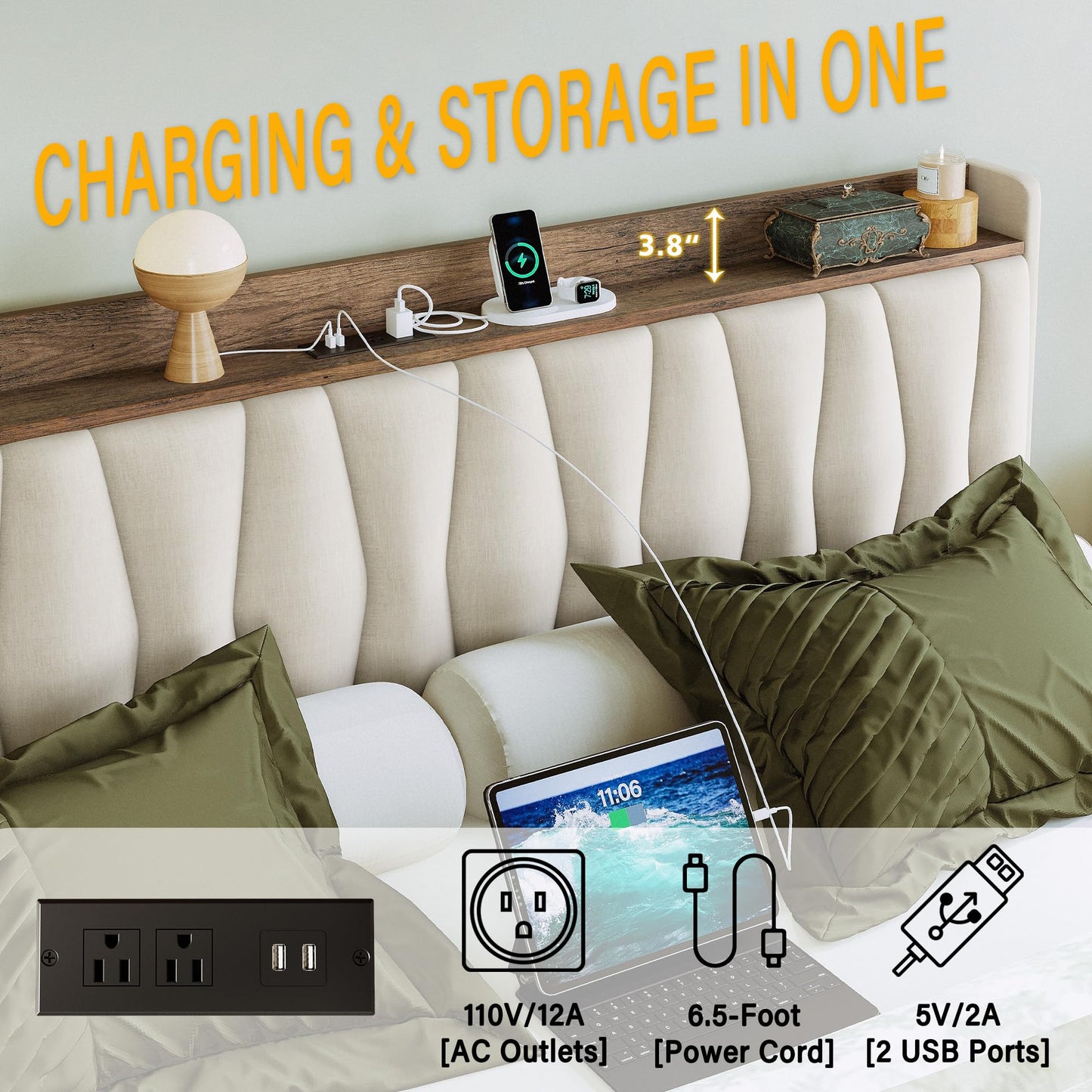 ANCTOR Twin XL Bed Frame with 3 Drawers, Upholstered Platform Bed with Storage Headboard and Charging Station, No Box Spring Needed, Easy Assembly, Beige