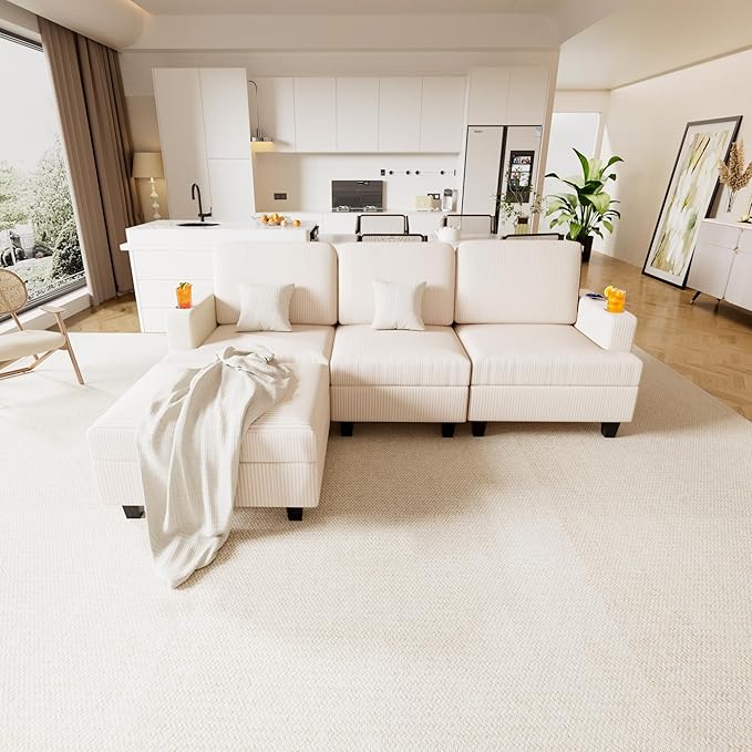90" L Shaped Modular Sectional Sleeper Sofa, Soft Corduroy Sectional with Armrests, 2 Cup Holders & 2 USB Ports, 21" Deep Seat Cloud Couch for Living Room, Bedroom Office (White, 3 Seat + 1 Ottoman)