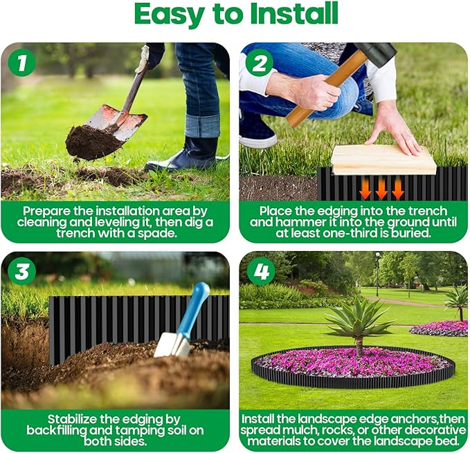 Camitlli Corrugated Metal Garden Edging,Sturdy Tall Landscape Edging Borders with 6pcs Anchor Stakes, Perfect DIY for Flower Beds, Lawn and Pathway,Tree Surrounds,Paver Edges (Black 10"×20FT)