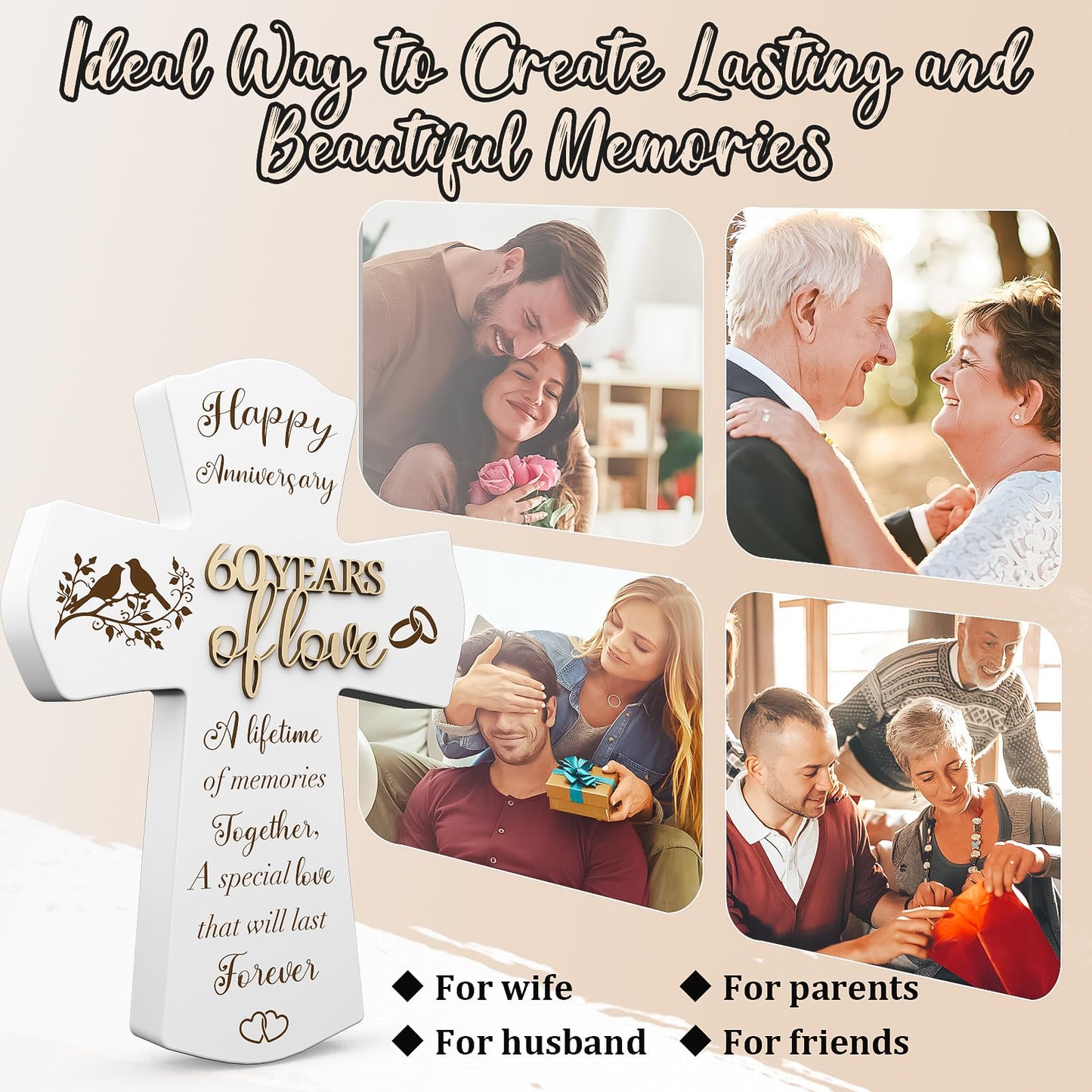60th Anniversary Wedding Gifts for Wife Husband, Religious Cross Gifts for Women Men,60 year Romantic Anniversary Marriage Gift for Her,Him,Couple,Parents,Friends,Wedding Anniversary Decorations