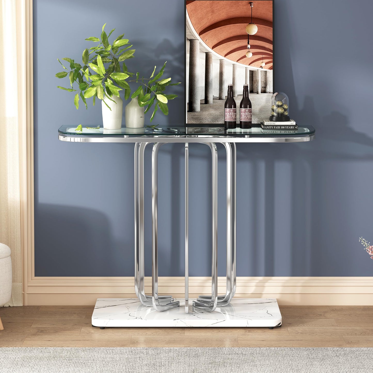 O&K FURNITURE 43" Modern Glass Console Table with Curved Chrome Frame & Faux Marble Base, Silver Narrow Sofa Table for Entryway, Living Room, Hallway, Home Office