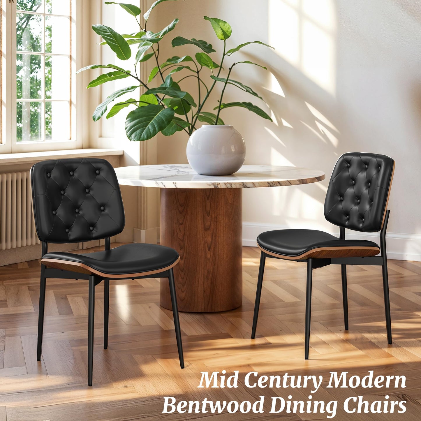 Cozyman Dining Chairs Set of 4, Mid-Century Modern PU Leather Dining Chair with Walnut Bentwood Back and Metal Legs, Upholstered Seat for Kitchen and Dining Room, Black