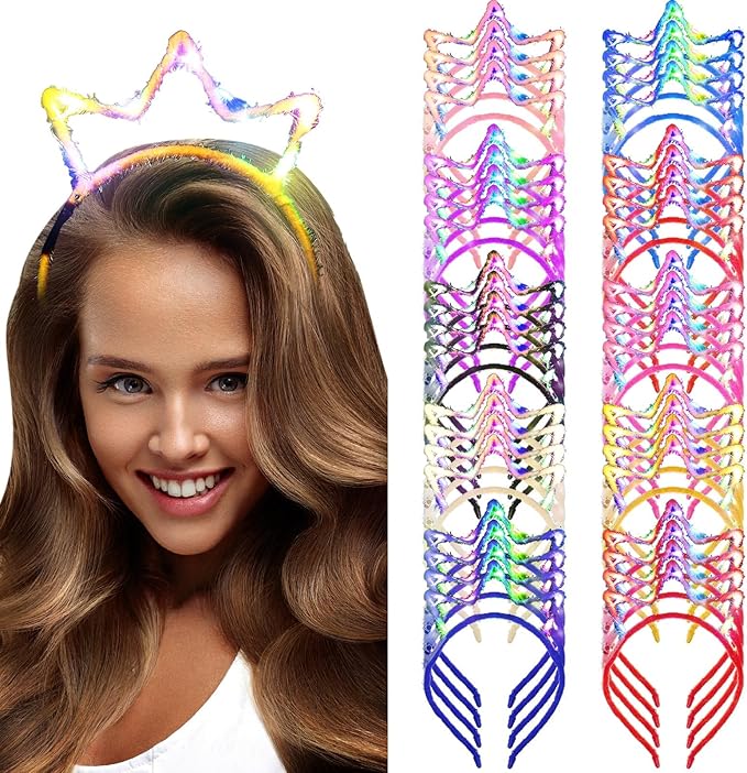 WILLBOND 40 Pcs Light up Crown Headband LED Glow Crown Headband Hair Accessories for Birthday Festival Concert Party Costume
