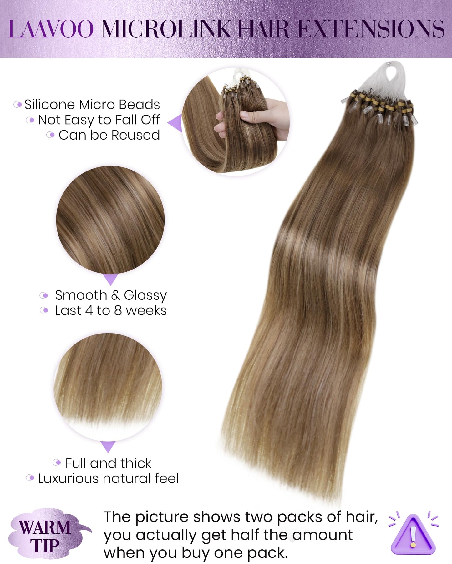 LaaVoo Micro Link Hair Extensions 24" Human Hair Balayage Ash to Golden Brown, Silky Straight, 50g/s