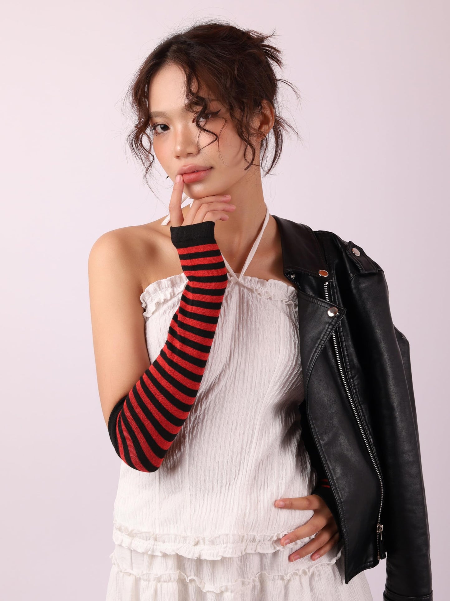 Sacina Black Red Long Fingerless Gloves, Arm Warmers Y2k, Goth Punk Gloves, Emo Accessories