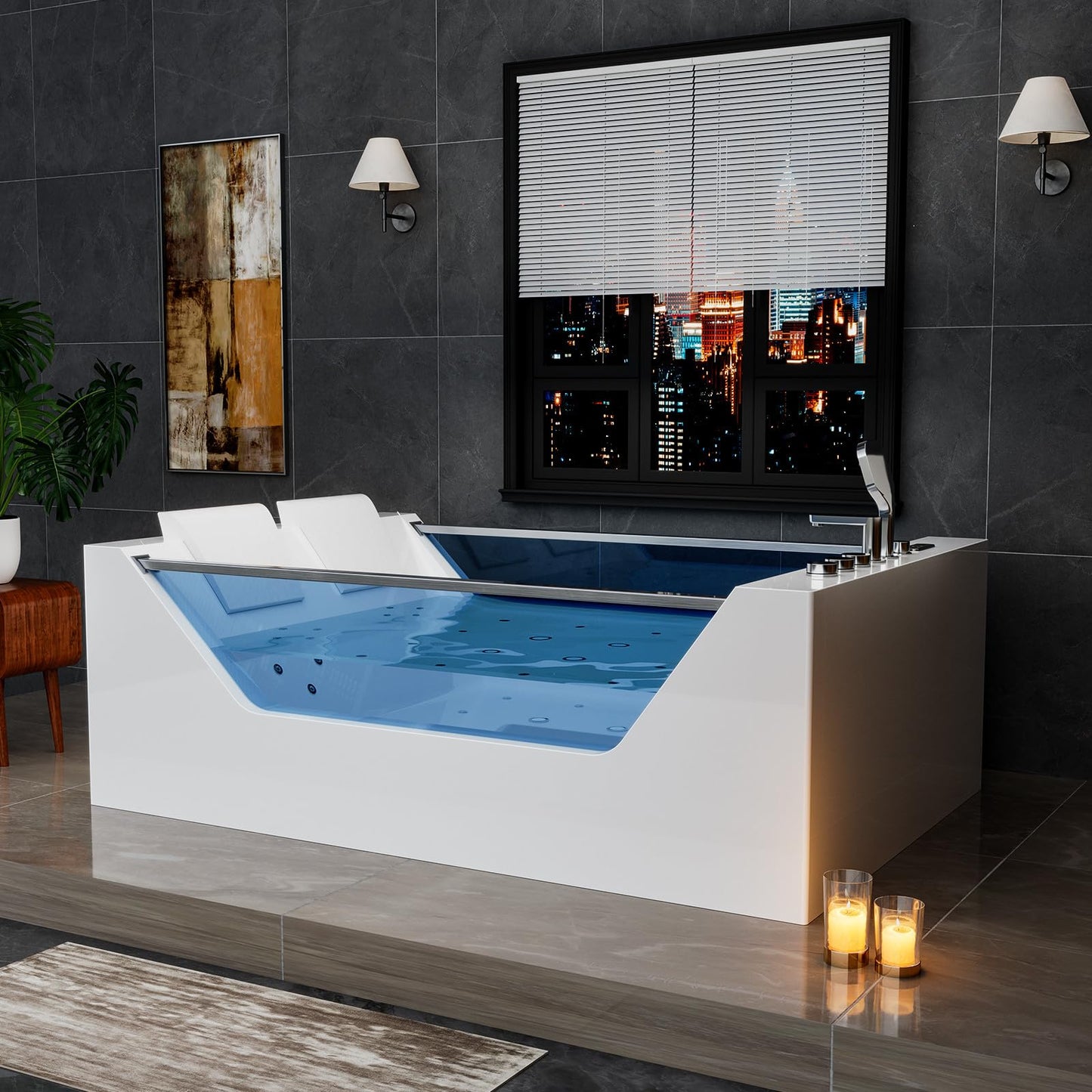 Empava PRO Series 71"x48" Whirlpool Tub | Heated Bubble Spa for 2 with Thermostatic Control & Chromotherapy | Acrylic Freestanding Soaking Bathtub, White (ETL Certified)