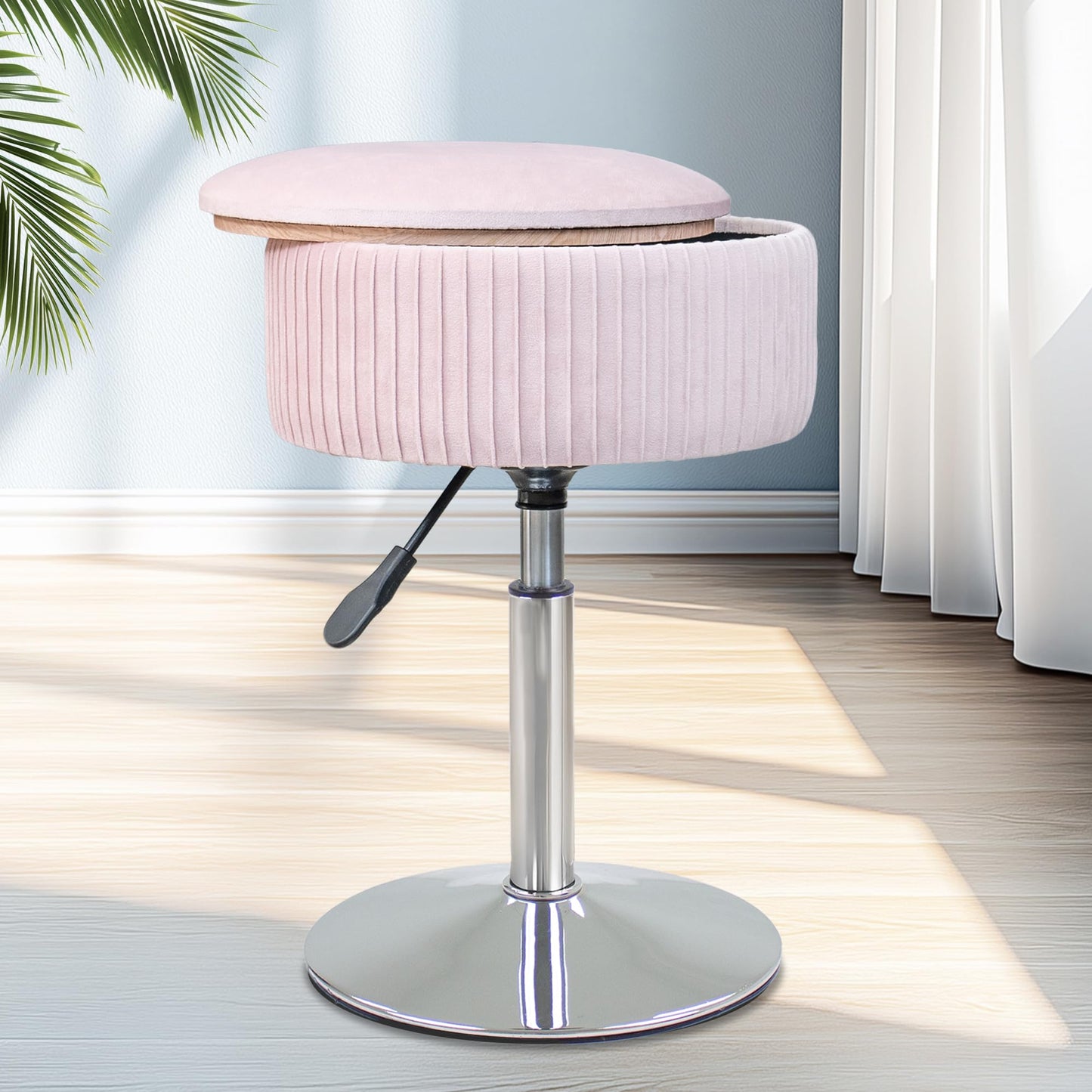 LITZFUR Pink Vanity Stool for Makeup Room, Round Storage Ottoman Height Adjustable Velvet Vanity Chair, 360° Swivel Footrest for Living Room Bedroom