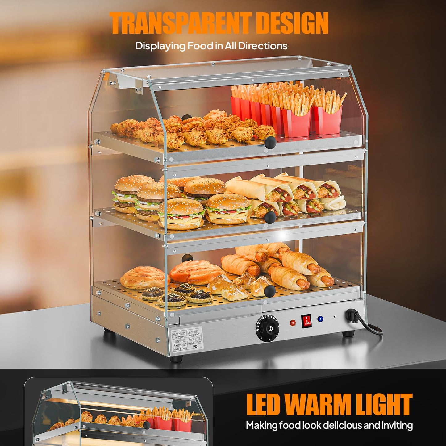 ROVSUN 3-Tier Food Warmer Pizza Warmer Countertop, Food Warmer Display Pretzel Warmer with LED Lighting Front and Rear Doors, Electric Catering Hot Box Acrylic for Buffet Restaurant Cafe