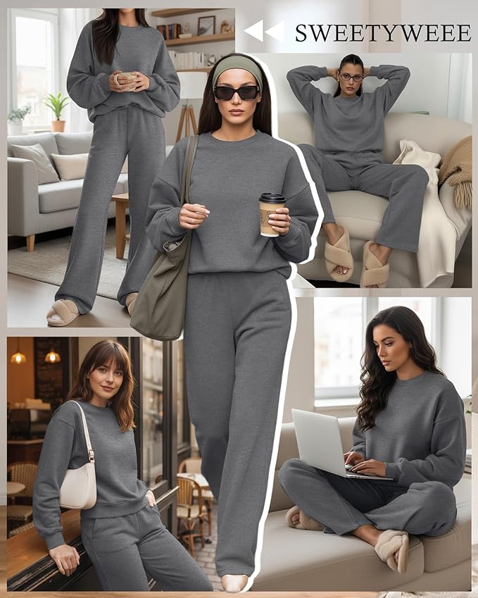 Sweetyweee Women's 2 Piece Outfits Set Fleece Lined Lounge Sweatsuit Crewneck Pullover Top Wide Leg Pants Casual Tracksuit