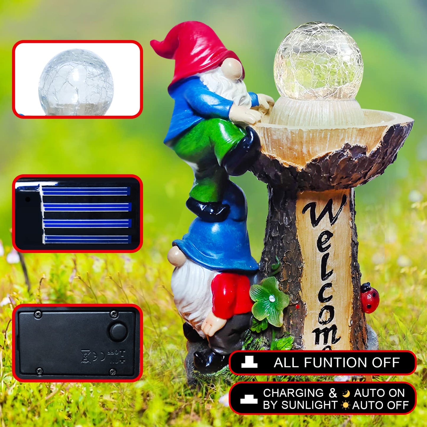 Binqiuu Garden Gnome Statues, Garden Statues for Outside with Solar LED Lights,10.4 in Funny Double Gnomes Sculptures Outdoor Decorations for Yard, Ideal Gnomes Gifts for Women/Grandma/Mom