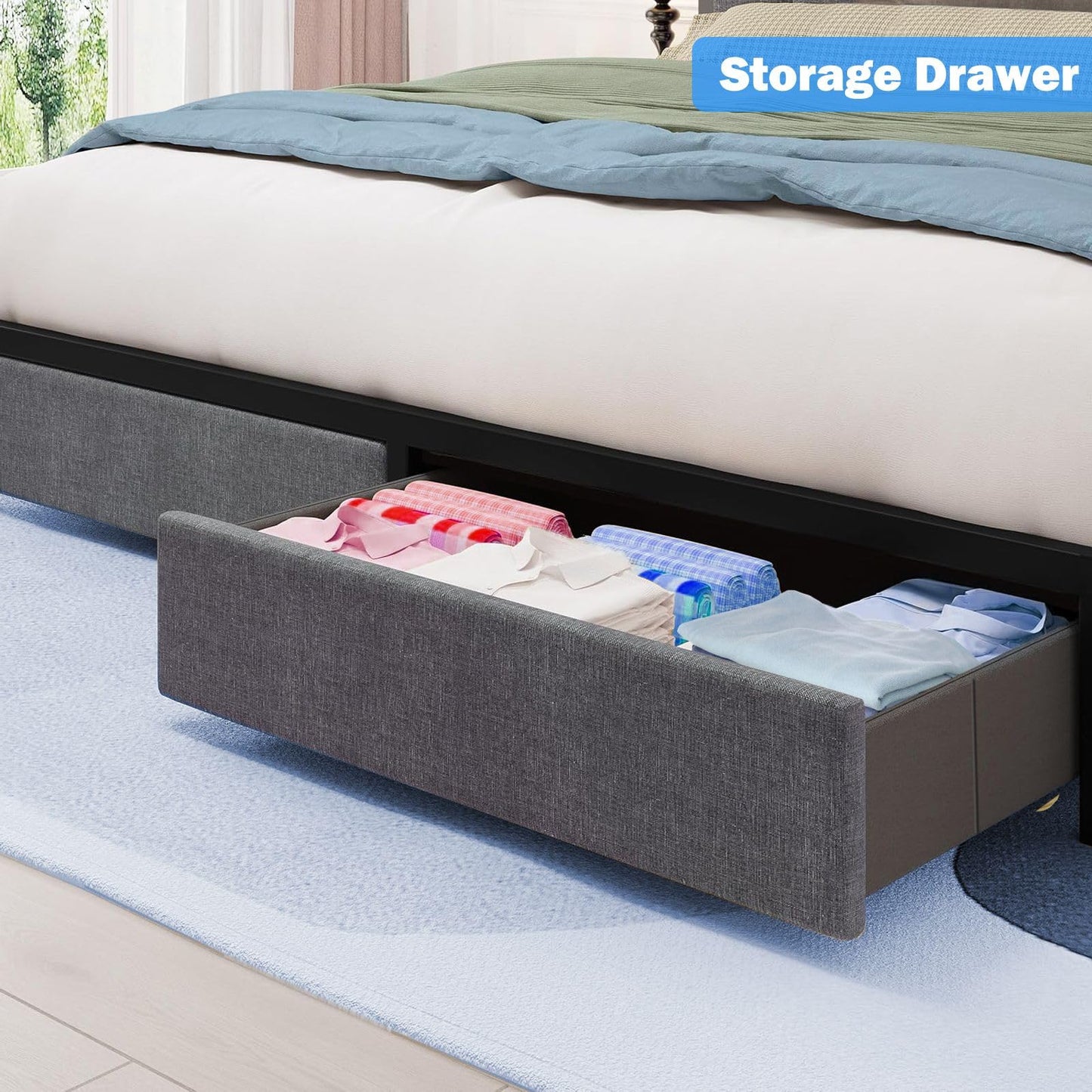 Queen Size Bed Frame with Socket and Storage Bed Frame with LED Light, Heavy Duty Metal Slats Support, No Box Spring Needed