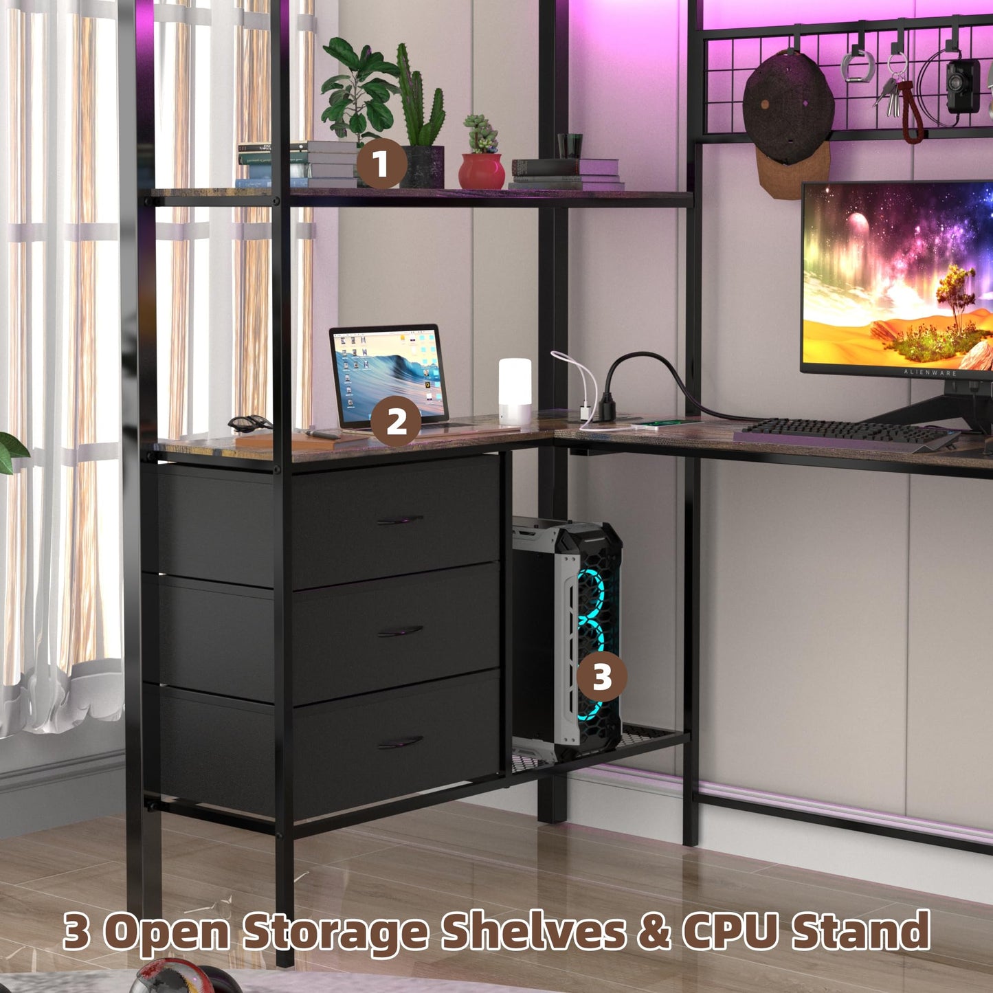 SAHISTCT Twin Size Loft Bed with Desk, LED Lights, Charging Station, Industrial Loft Bed Frame with 3 Storage Shelves and 8 Fabric Drawers, Safety Guard & Ladder,LED Metal Twin Size Bunk Bed