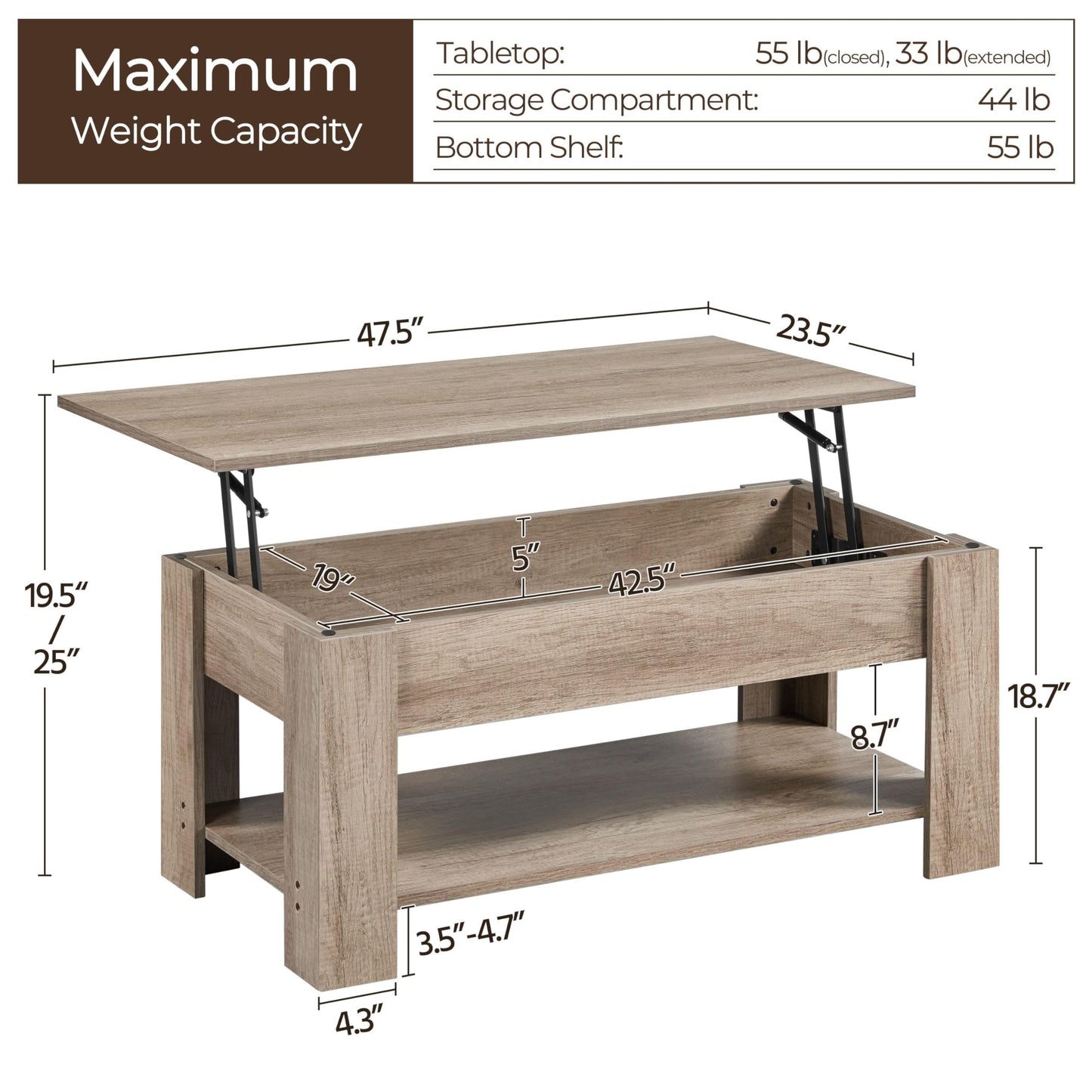 Yaheetech Lift Top Coffee Table with Hidden Compartment and Storage Shelf, Rising Tabletop Dining Table for Living Room Reception Room, 38.6in L, Grey