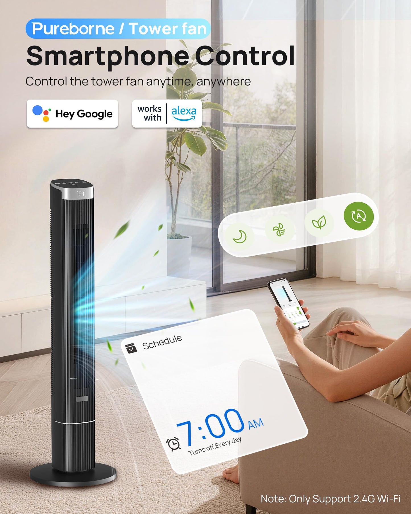 Pureborne 42-Inch Smart Tower Fan, 25dB Ultra-Quiet, 90° Oscillating Standing Fan, App & Voice Control, Remote, 4 Speeds, 4 Modes, 12H Timer, Floor Fan for Bedroom, Office, Black, 1 Pack