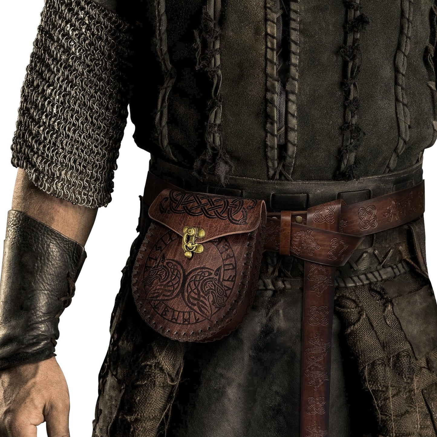 HiiFeuer Viking Fenrir Embossed Buckle Belt and Bag Set, Vintage Faux Leather, Brown