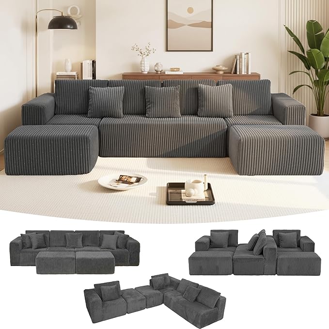 SEENYOO 132" U Shaped Modular Sofa, 4-Seater Sectional Cloud Couch with Chaise, Soft Corduroy Boneless for Living Room, No Assembly Required, Free Configuration,Grey