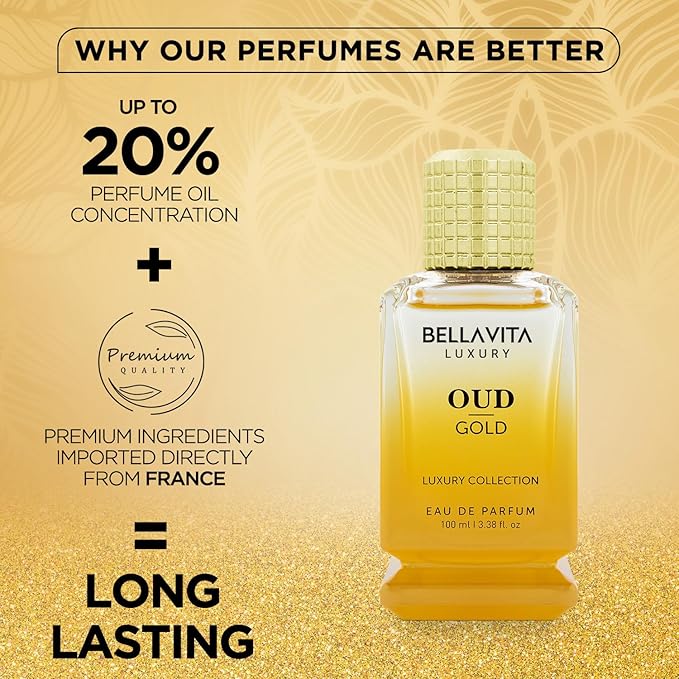 BellaVita Luxury OUD Gold Eau De Parfum (100ml) Unisex | Aromatic Arabian Perfume | Infused with Sweet Caramel, Orris, Rose, Jasmine | Arabic Gold OUD Perfume for Women & Men