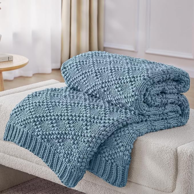 Knitted Weighted Blanket for Adult, Chunky Knit Weighted Throw for Sleep 80"*87" 20lbs, Cooling Breathable Machine Washable Heavy Blanket for Room Decor (HazeBlue, King)