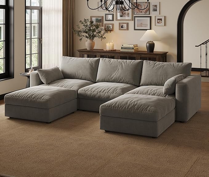Cloud Modular Sectional Sofa Couch with Storage Ottoman, 99" Oversized Sectional Couches for Living Room, Cloud Modular U-Shaped Sofa with Chaise, 5 Seater, Chenille, Light Gray