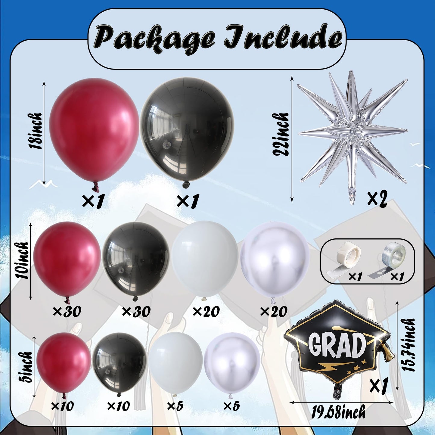 Graduation Party Balloon Arch Garland Kit, 138PCS Burgundy White Silver Black Balloons Explosion Star Foil Balloons for Class of 2025 Graduation Birthday So Proud Of You Decorations