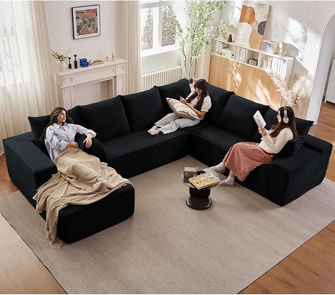 137" Cloud Sectional Couch with L-Shape Chaise, Modern Corduroy Boneless Couch for Living Room,Memory Foam Sofa with Deep Seat,No Assembly Required (Black,Left-Facing Chaise)