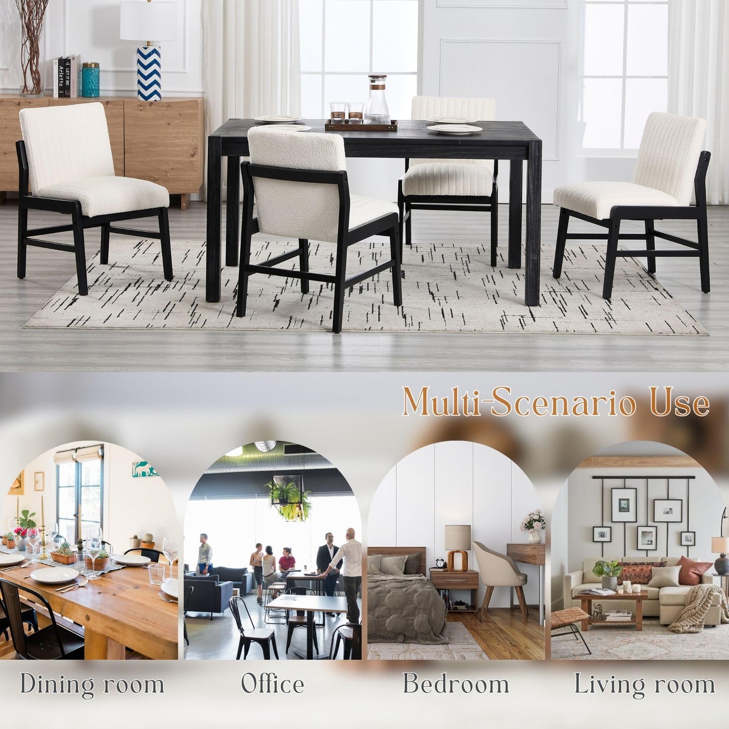 BESTANO Modern Upholstered Dining Chairs Set of 4, Kitchen Dining Room Chairs with Back Armless Accent Side Chairs for Living Room Bedroom Restaurant, Black Wood Leg/White Sherpa Boucle