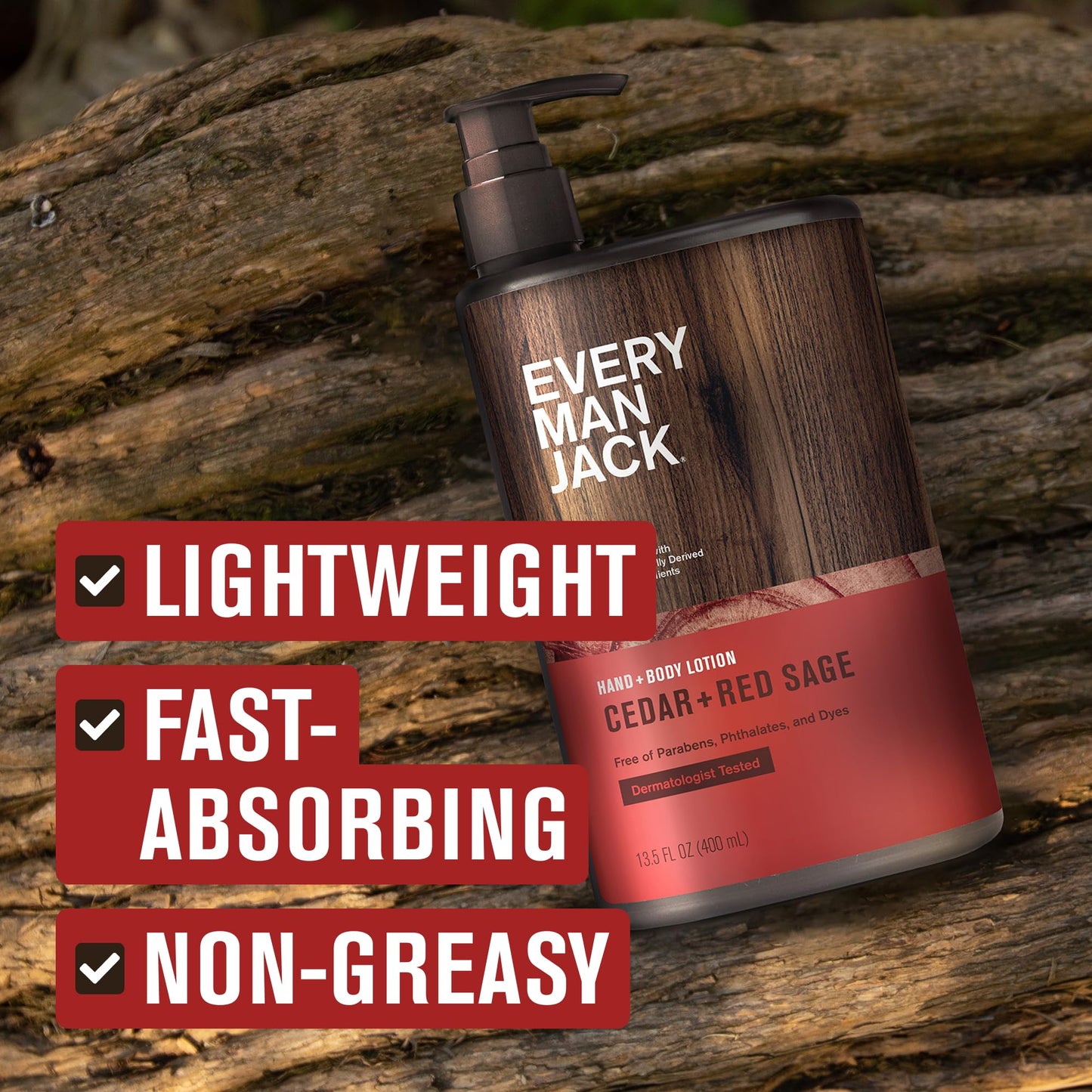 Every Man Jack Mens Cedar+ Red Sage Hand & Body Lotion for All Skin Types - Dermatologist Tested & Hypoallergenic - Nourish Skin