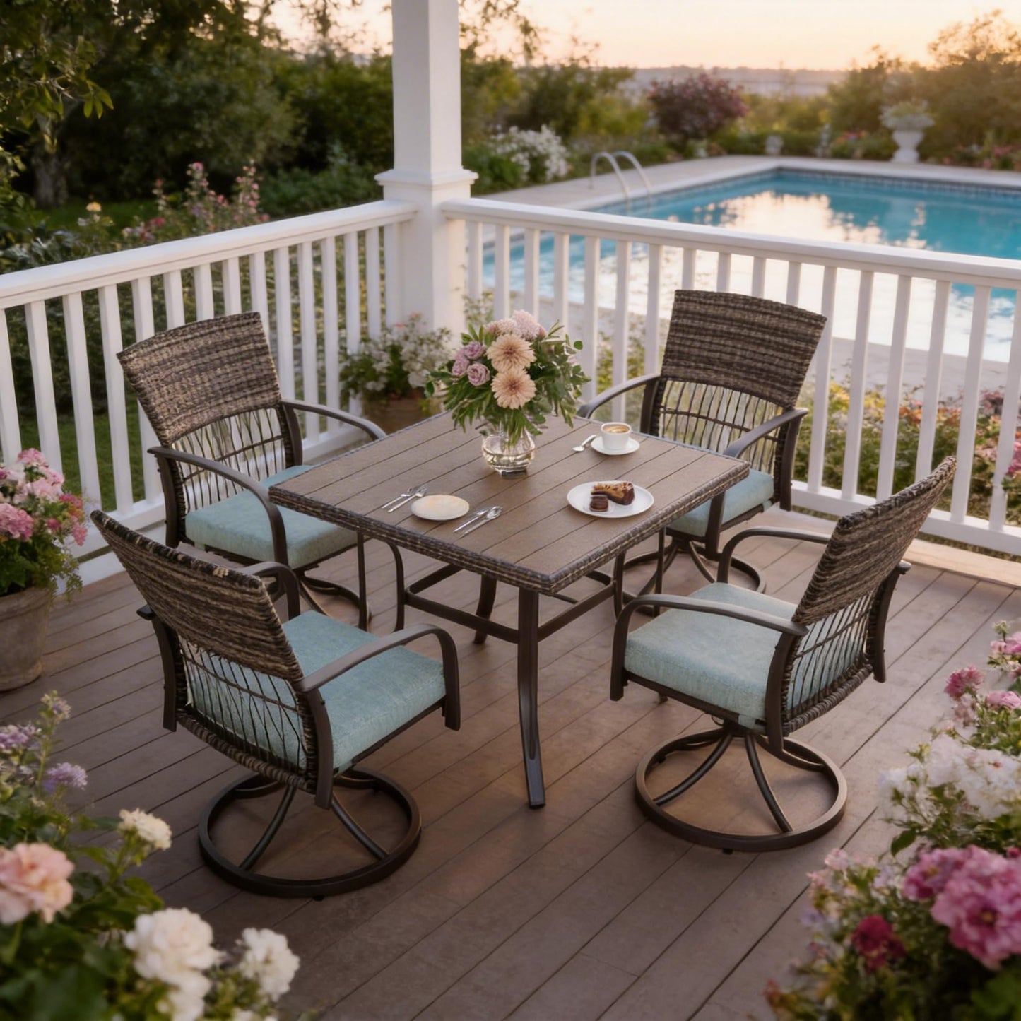 Pamapic 5-Piece Outdoor Dining Set with Swivel Chairs, Rattan Patio Furniture for Backyard, Deck, Garden, Weather-Resistant Iron Slats Table & 4 Chairs with Removable Cushions (Green)