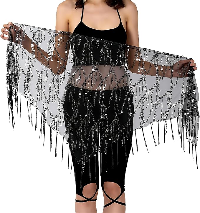 Women's Belly Dance Hip Scarf with Sequins, Triangle Shawl Tassels Belly Dancing Waist Scarf Belt for Performance, Costum...