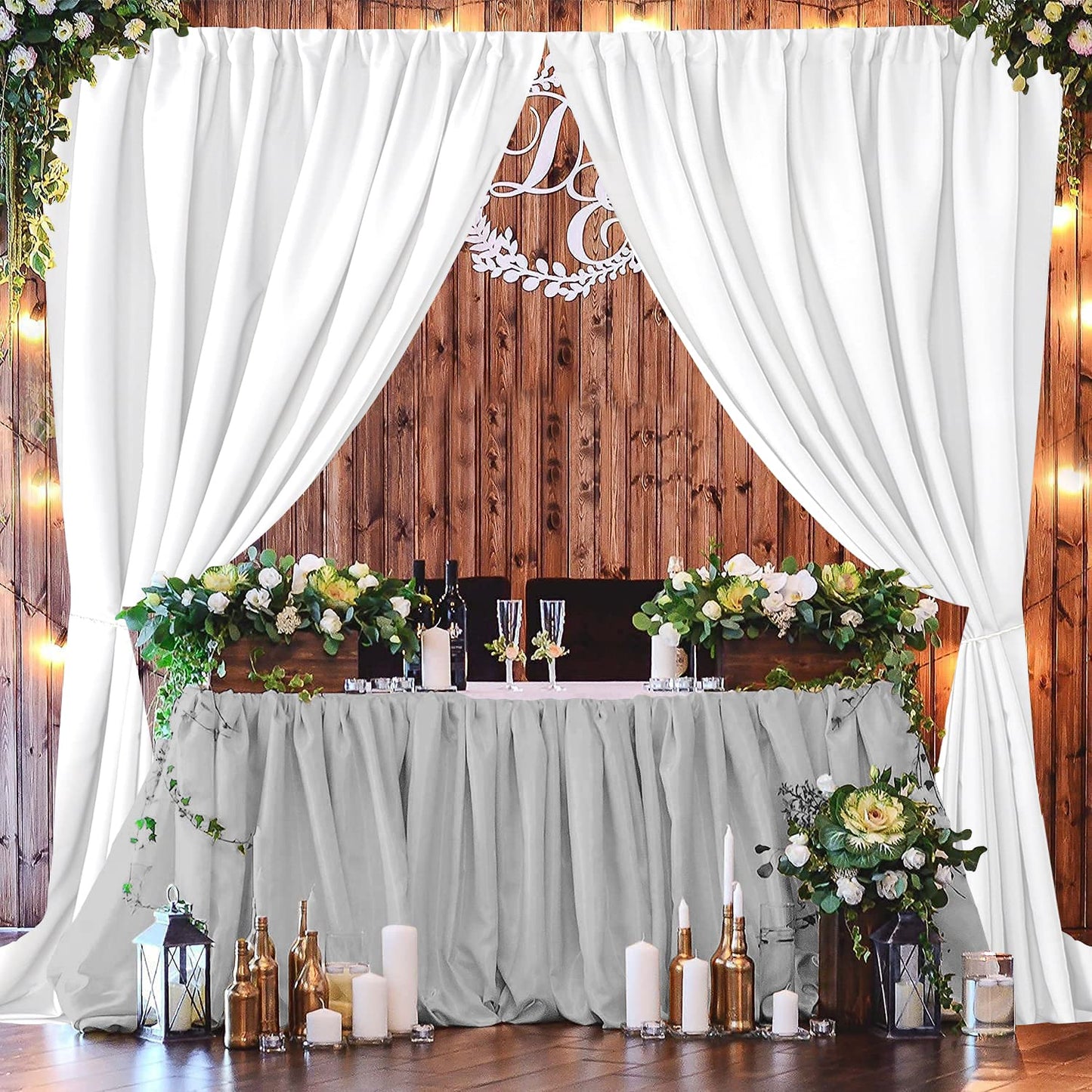 Joydeco White Curtains Backdrop for Wedding Parties, Photo Backdrop Curtains for Wedding Decorations Birthday, Wrinkle Free Polyester 5ft x 10ft Fabric Drape 2 Panels with Rod Pockets