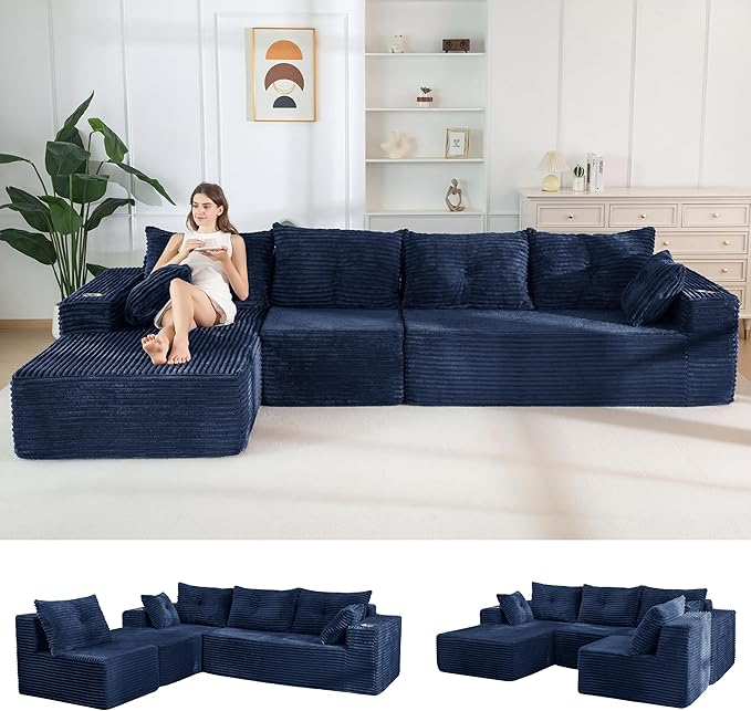 MAXYOYO 132" Oversize Modular Sectional Couch with L-Shape Chaise, Modern Boneless Couch for Living Room, Sofa in A Box, Oversized Sofa Sleeper with Deep Seat, No Assembly Required, Navy