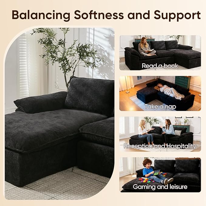 YAAREE 105.6”L Shape Modular Sectional Couch for Living Room, Modern Cloud Sectional 3 Seat Sofa with Oversized Chaise, Woven Texture Upholstery Boneless Couch (Black, Left Facing Chaise)
