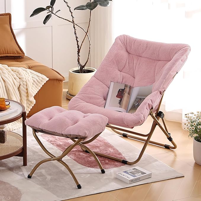 Givjoy Comfy Folded Chair with Ottoman, Oversized Folding Faux Fur Chair Soft Furry Lounge Lazy Chair with Metal Frame Moon Chair Accent Chair for Bedroom, Living Room, Dorm Rooms