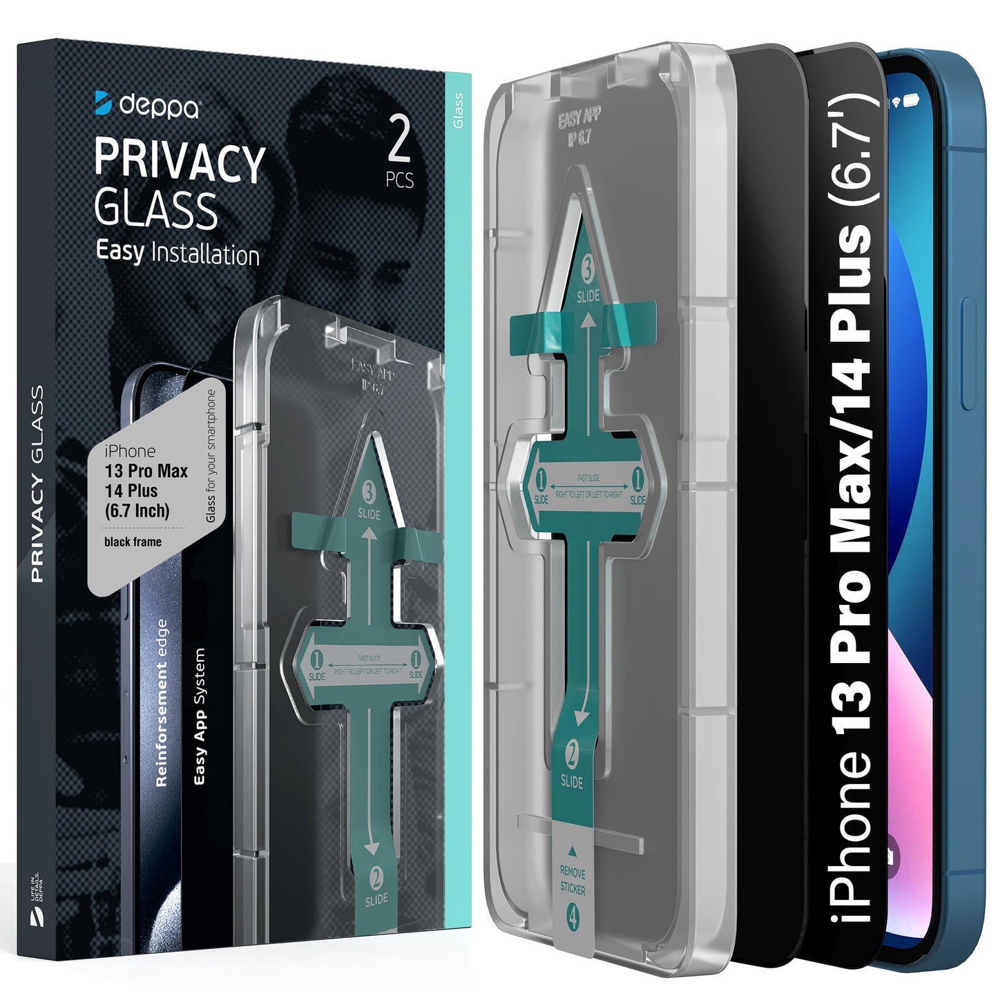 Deppa [2 Pack Privacy Screen Protector For Iphone 13 Pro Max/14 Plus (6.7 Inch) Tempered Glass 3D Full Cover With Easy Installat