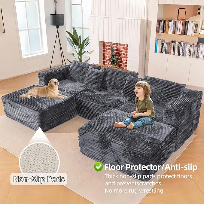110 Modular Sectional Boneless Sofa with 2 Ottomans, Corduroy U-Shaped Modular Sectional Sofa, Convertible Cloud Couch with Deep Seats, No Assembly Required (Grey, 110" 3Seat+2 0ttoman)