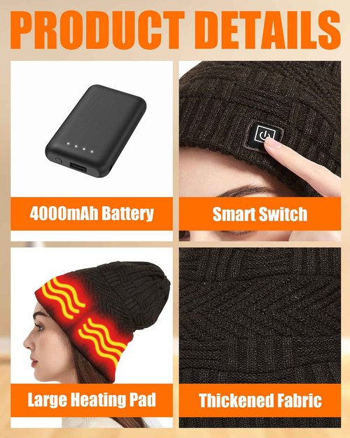 Lvkakmox Heated Hat - Men and Women Rechargeable Heating Hats, 3 Heated Controls, 4000mAh Battery Pack, Christmas Gift (Heated Hat and Neck Warmers)