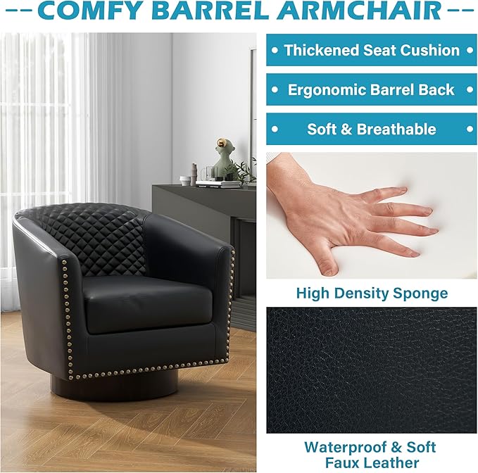 UIXE Faux Leather Swivel Accent Chair, Barrel Club Chair Modern Upholstered Armchair for Living Room, Comfy Single Sofa Bedroom Side Reading Seat - Brown