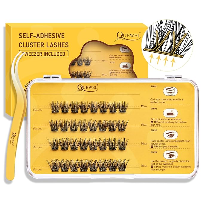 QUEWEL Self Adhesive Eyelashes Kit, Press On Lashes Pre Glued Eyelash Clusters Self Stick Cluster Lashes No Glue No Remover Needed DIY Lash Extension Kit for Beginners (ZN-01)