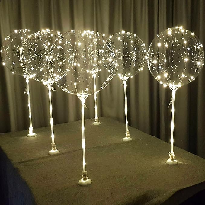 Lightsfever warm white 6pc LED Light up Balloon with sticks, stands and batteries, Table top centerpieces for party, Thank...