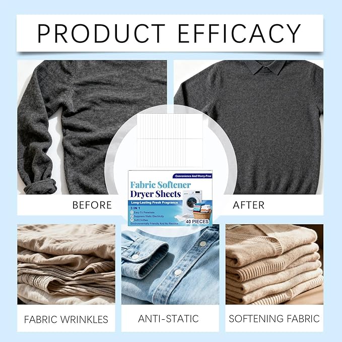 Fabric Softener Dryer Sheets, Scented & Refreshing, 1box/40 Pieces, Static Cling and Wrĭnkle Reducer Gentle Fabric Care, Clothes Softening Dryer Sheets, Versatile Use, for Clothes, Towels, Bedding