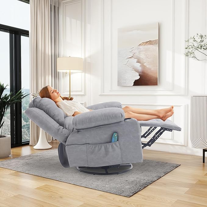 Comermax Massage Recliner Chair with Heat, 360° Swivel Rocker Recliner Chair with Cup Holders, 150° Recline PU Leather Recliner for Living Room,Grey