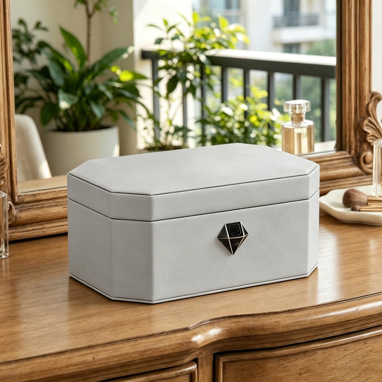 VALINIRT Jewelry Safe，Biometric Fingerprint safe, Leather Wrapped Jewelry Box with Lock, Quick-Access & Keyless Entry(Two-Tier Gray)