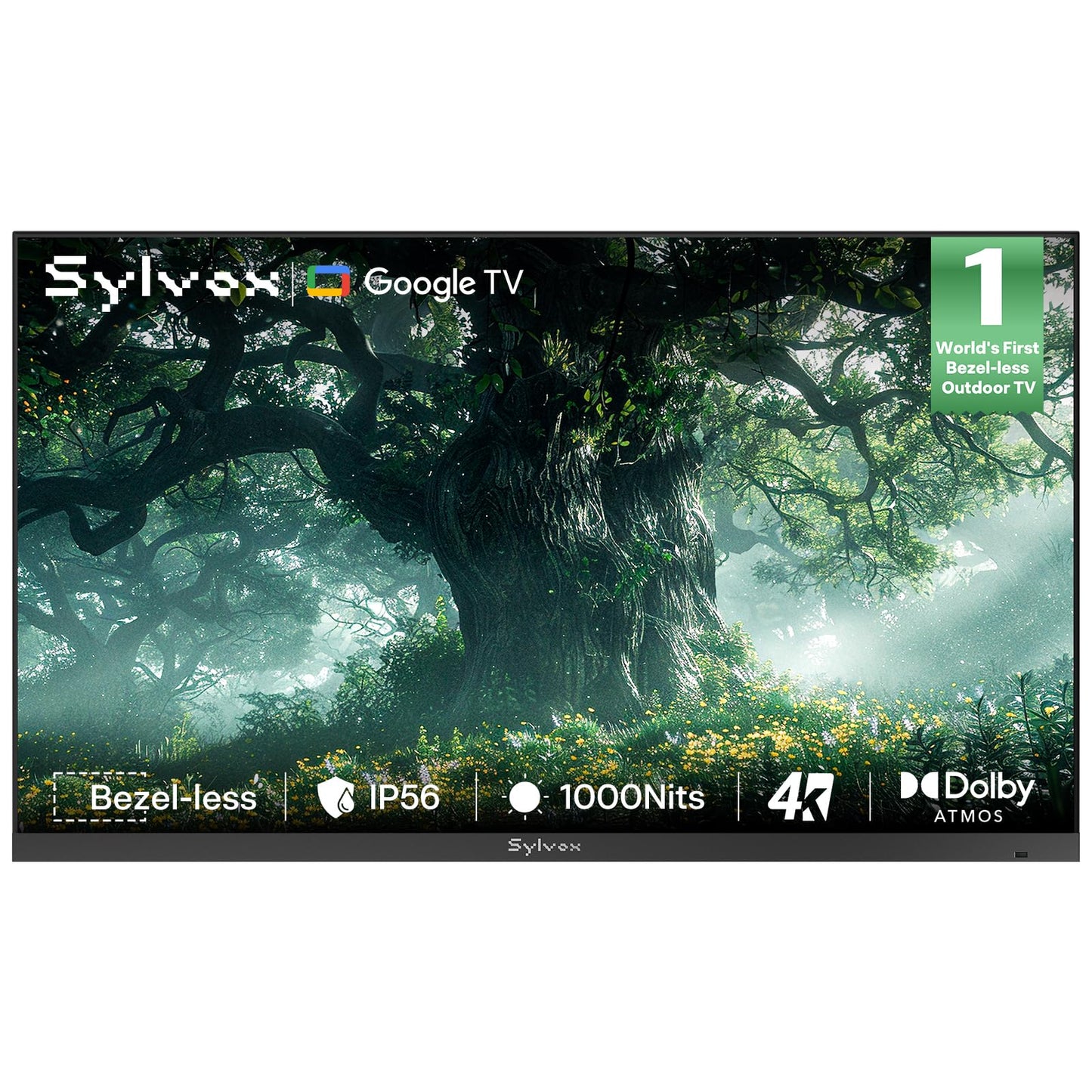 SYLVOX 55 inch Outdoor TV, Ultra-Narrow Bezel, 4K Smart Google TV, 1000 nits Partial Sun, IP56 Waterproof, Dual Speakers, All-Weather Metal Chassis for Patio, Deck, Backyard (Frameless Series)