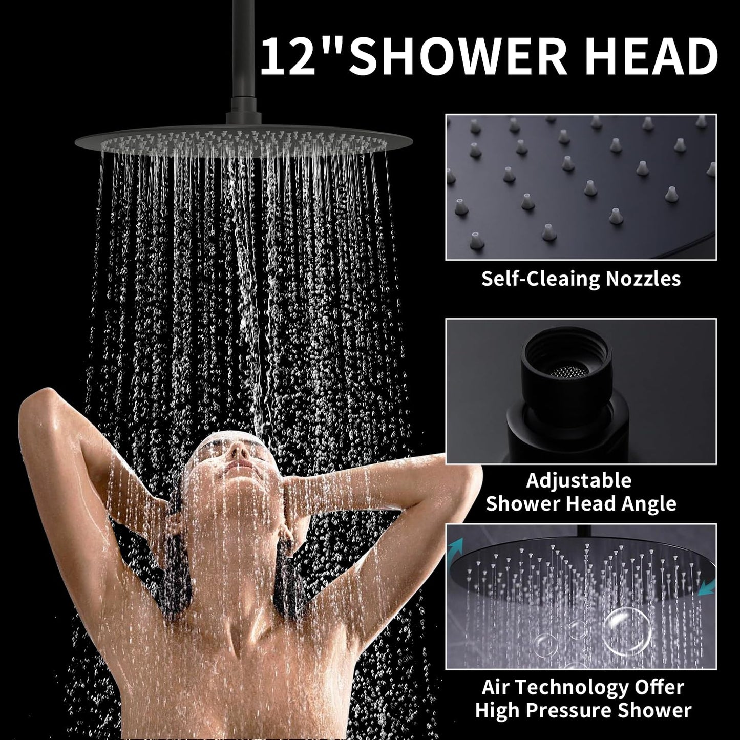 HONGTONGSOWER Shower Faucet Set Matte Black Shower System Temperature Display Diverter Shower Valve and 2 in 1 Handheld with Slide Bar, 12 Inch Ceiling Shower Head with 8 Inch Wall Mount Shower Head
