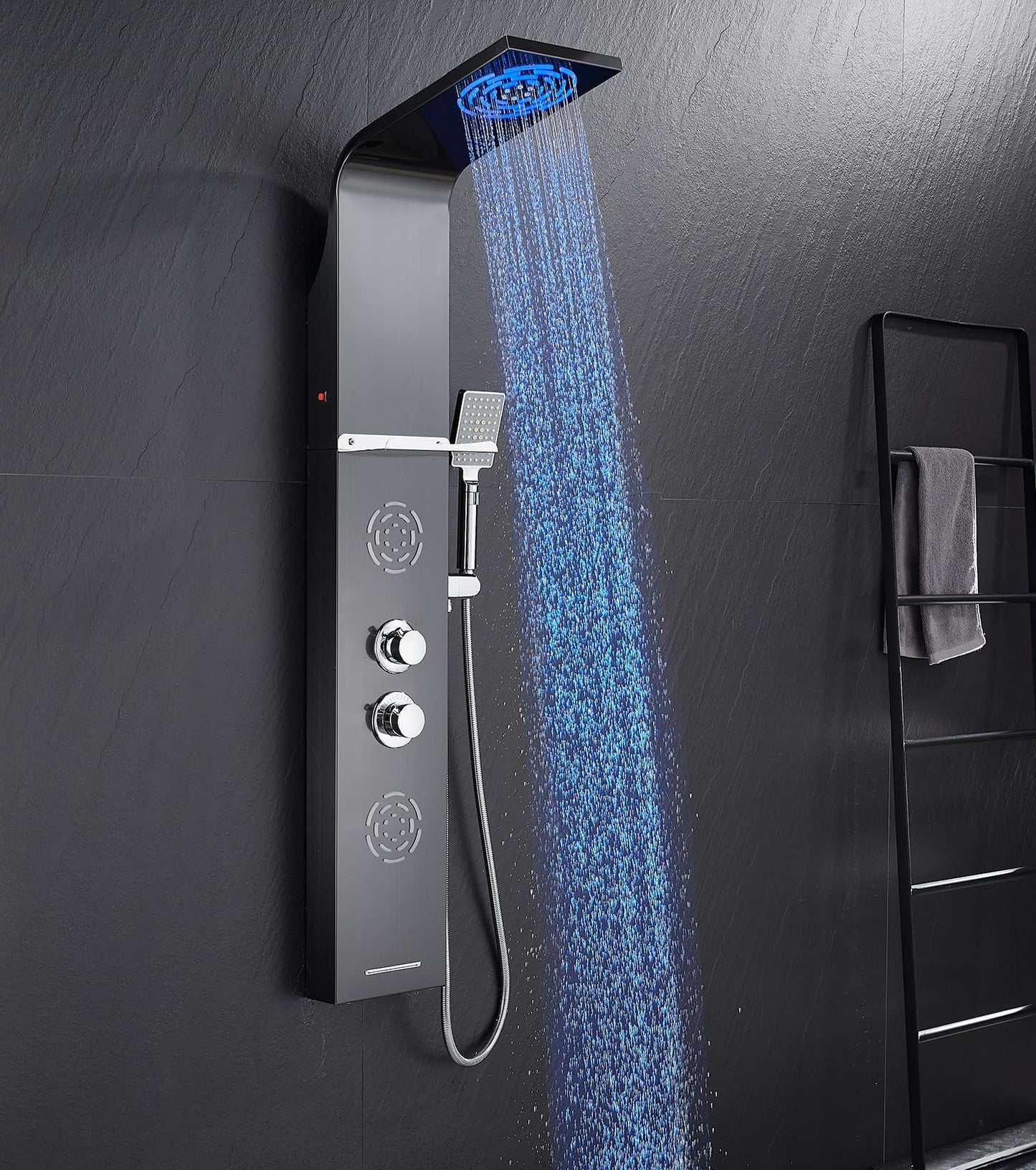 POPFLY Shower Panel, LED Rainfall & Waterfall Shower Head, 5-in-1 Shower System with Body Massage Jets, Handheld Spray, Tub Spout, Stainless Steel Wall Mounted Shower Tower, Brushed Nickel