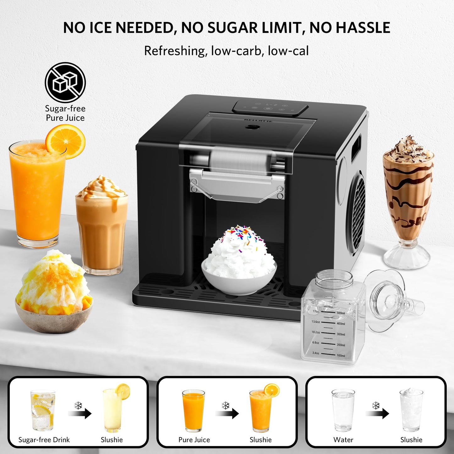 Bellatte Shaved Ice Machine with Compressor | 60s Fast Fluffy Slushie & Snow Cone Maker | No Pre-Freezing | Sugar-Free Friendly | Self-Cleaning | 16oz Frozen Drink Maker for Home, Party & RV