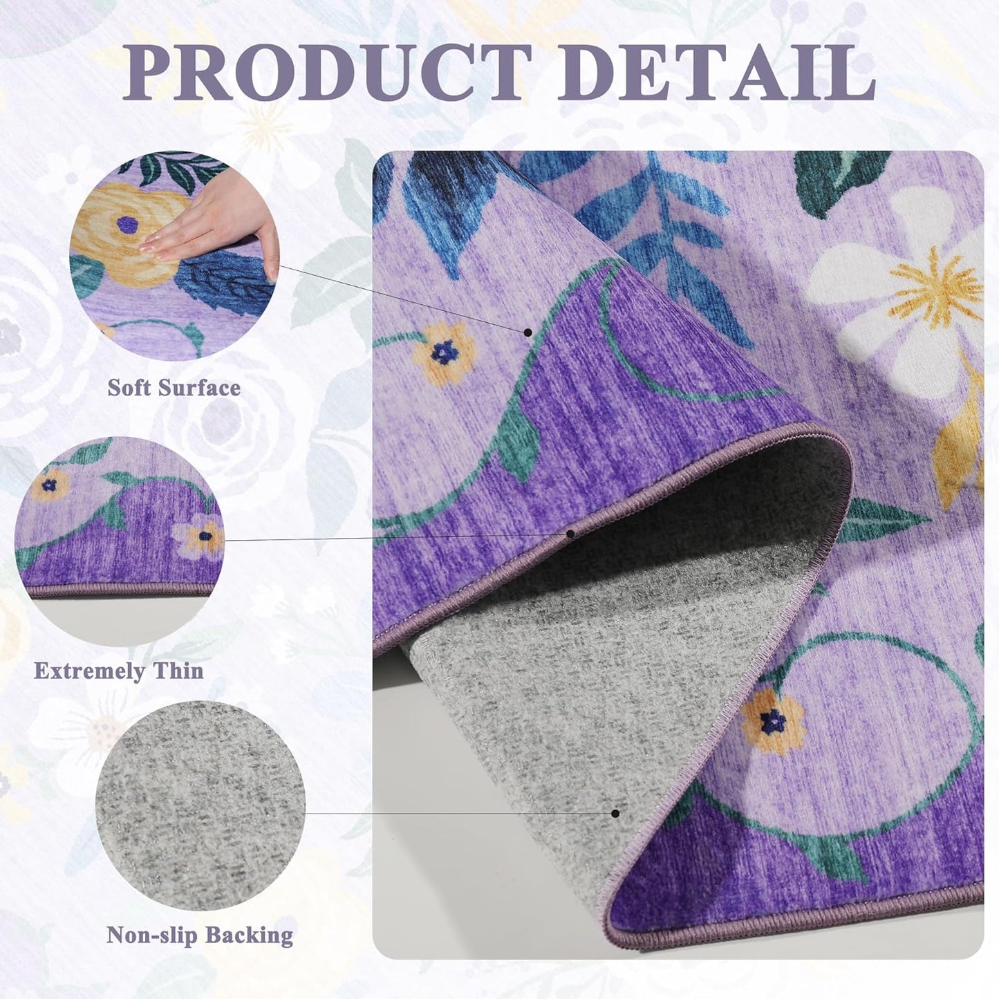 DUKINO 5x7 Area Rug, Floral Rugs for Living Room, Lightweight Non Slip Washable Rug, Indoor Low Pile & Non-Shedding Boho Design Rugs for Bedroom, Playroom, Dining Room, Purple