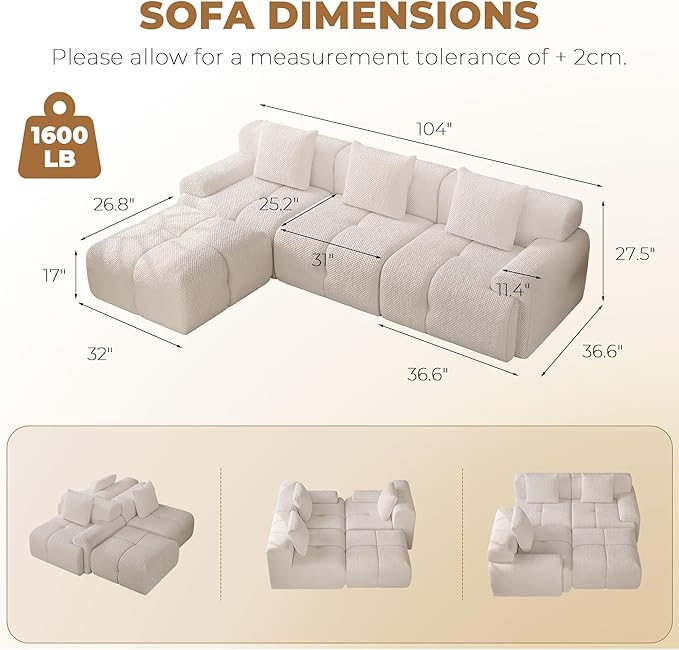 104" Modern L Shaped Modular Sectional Sofa, 4 Seater Convertible Chenille Cloud Couch Sofa Set, Boneless Couches for Living Room with Ottoman, No Assembly Required, White