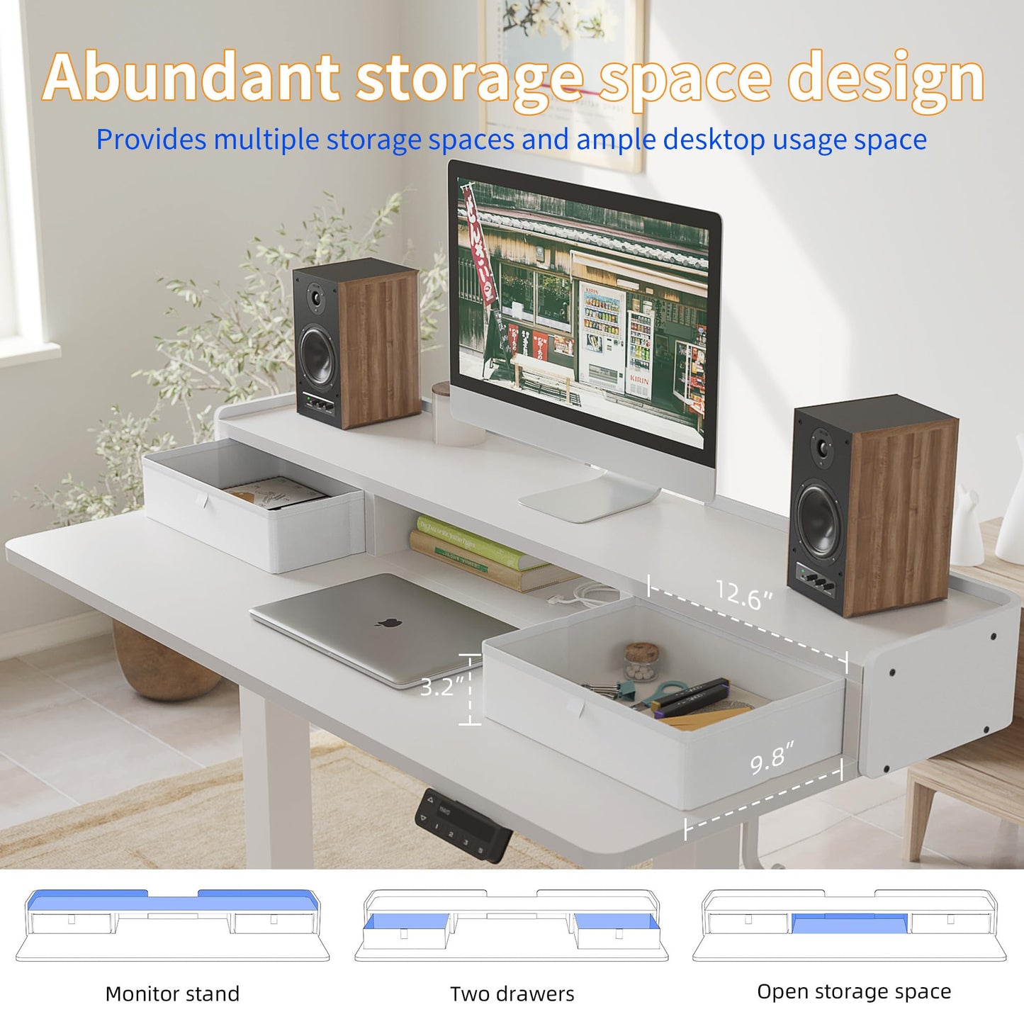 YIHAYO Low Height Adjustable Desk with Drawers, Lifts 18.1-28.3 Inches, Electric Standing Desk with Storage Shelf for Short People, 55 x 24 Inches Table with Splice Board for Home Office, White